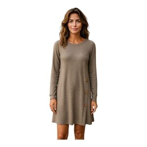 Heathered Tan Long Sleeve Dress with Button Detail